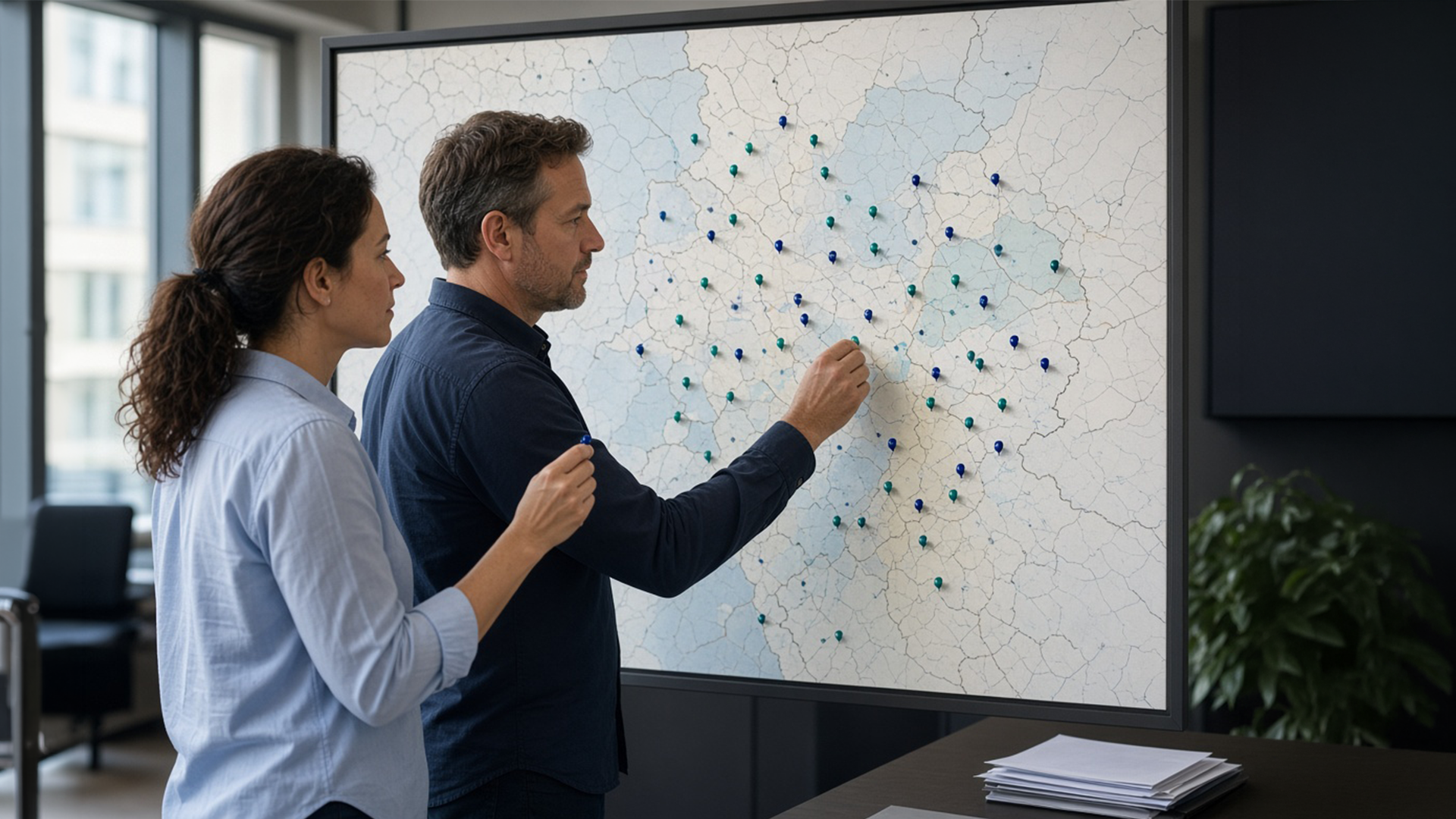Team analysiert Standortdaten auf einer grossen Karte